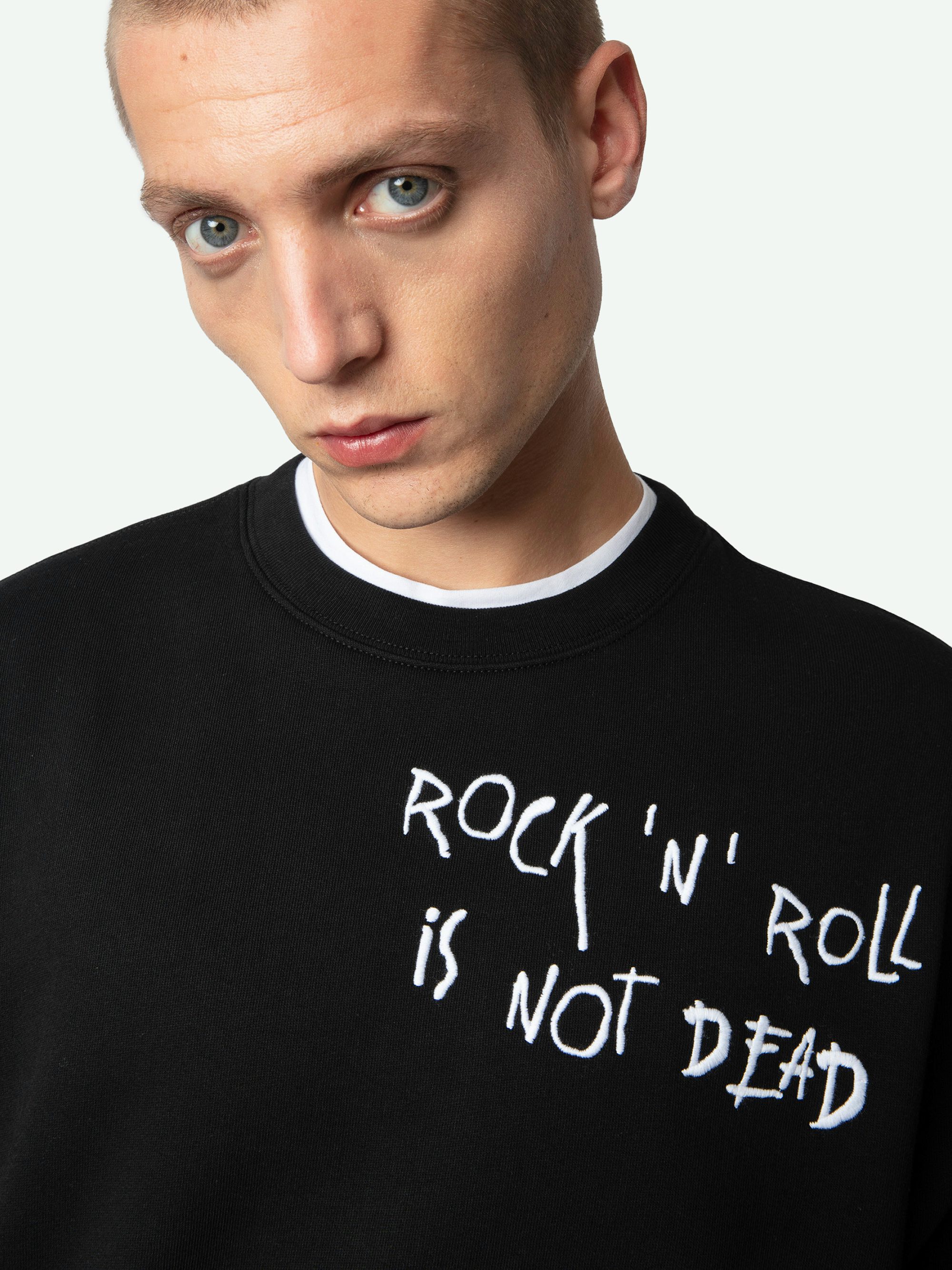 Sweatshirt Aime - Schwarzes Sweatshirt aus Bio-Baumwolle mit langen Ärmeln und "Rock'N'Roll Is Not Dead"-Stickerei.